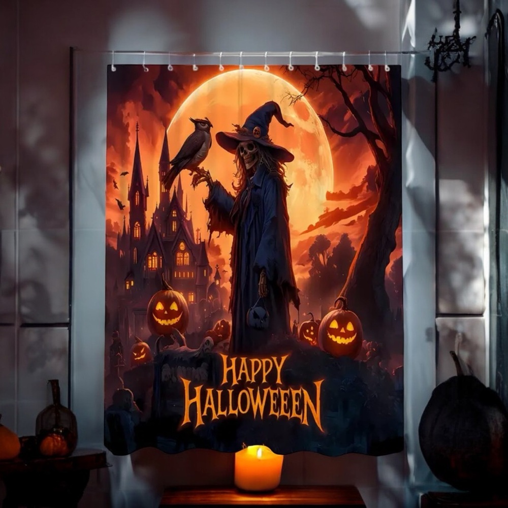 Happy Halloween‎ Series Moonlight Skull Witch Castle Owl Pattern Shower Curtain
